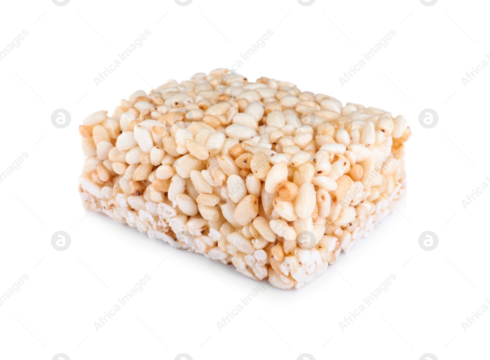 Photo of Bar of delicious rice crispy treat isolated on white