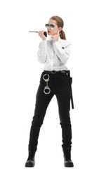 Female security guard using portable radio transmitter on white background