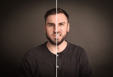 Young man expressing different emotions on grey background, collage. Personality concept