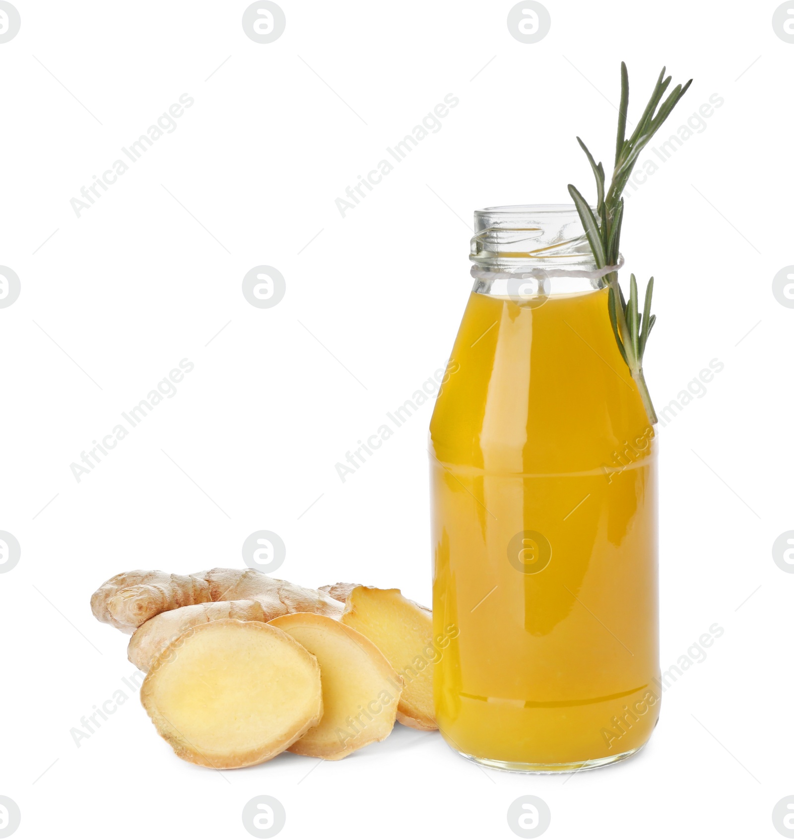 Photo of Immunity boosting drink and ginger on white background