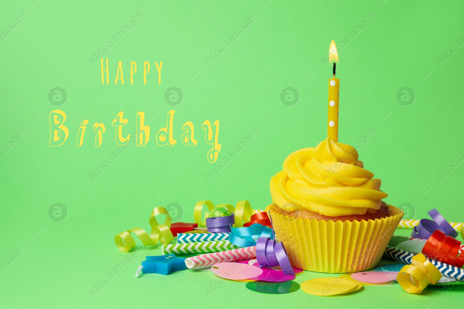 Image of Delicious cupcake with burning candle and text Happy Birthday on green background