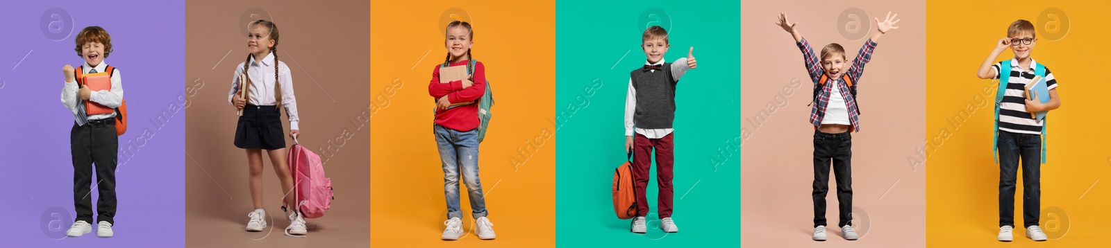 Image of Happy schoolchildren on color backgrounds, set of photos