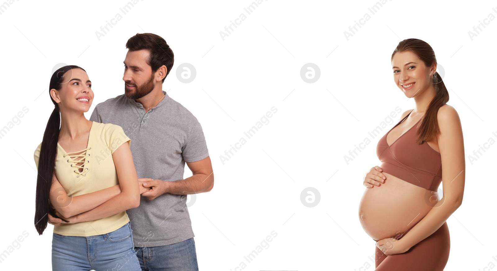 Image of Surrogate mother and intended parents on white background. Banner design