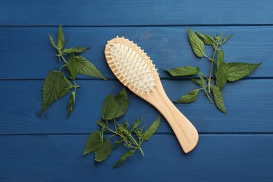 Photo of Stinging nettle and brush on blue wooden background, flat lay. Natural hair care