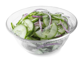 Photo of Fresh tasty salad with cucumber in bowl on white background