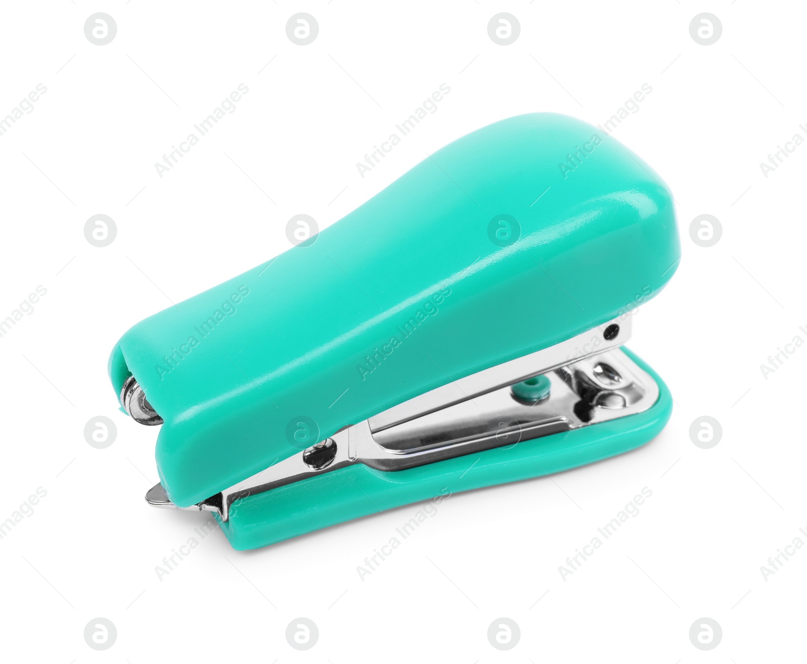 Photo of One new turquoise stapler isolated on white