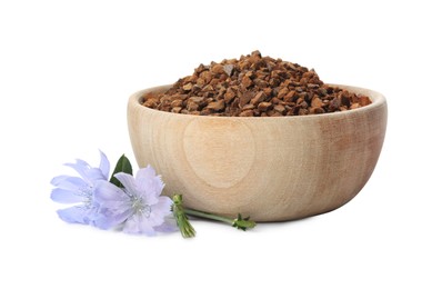 Photo of Bowl of chicory granules and flowers on white background