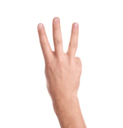 Photo of Man showing three fingers on white background, closeup of hand
