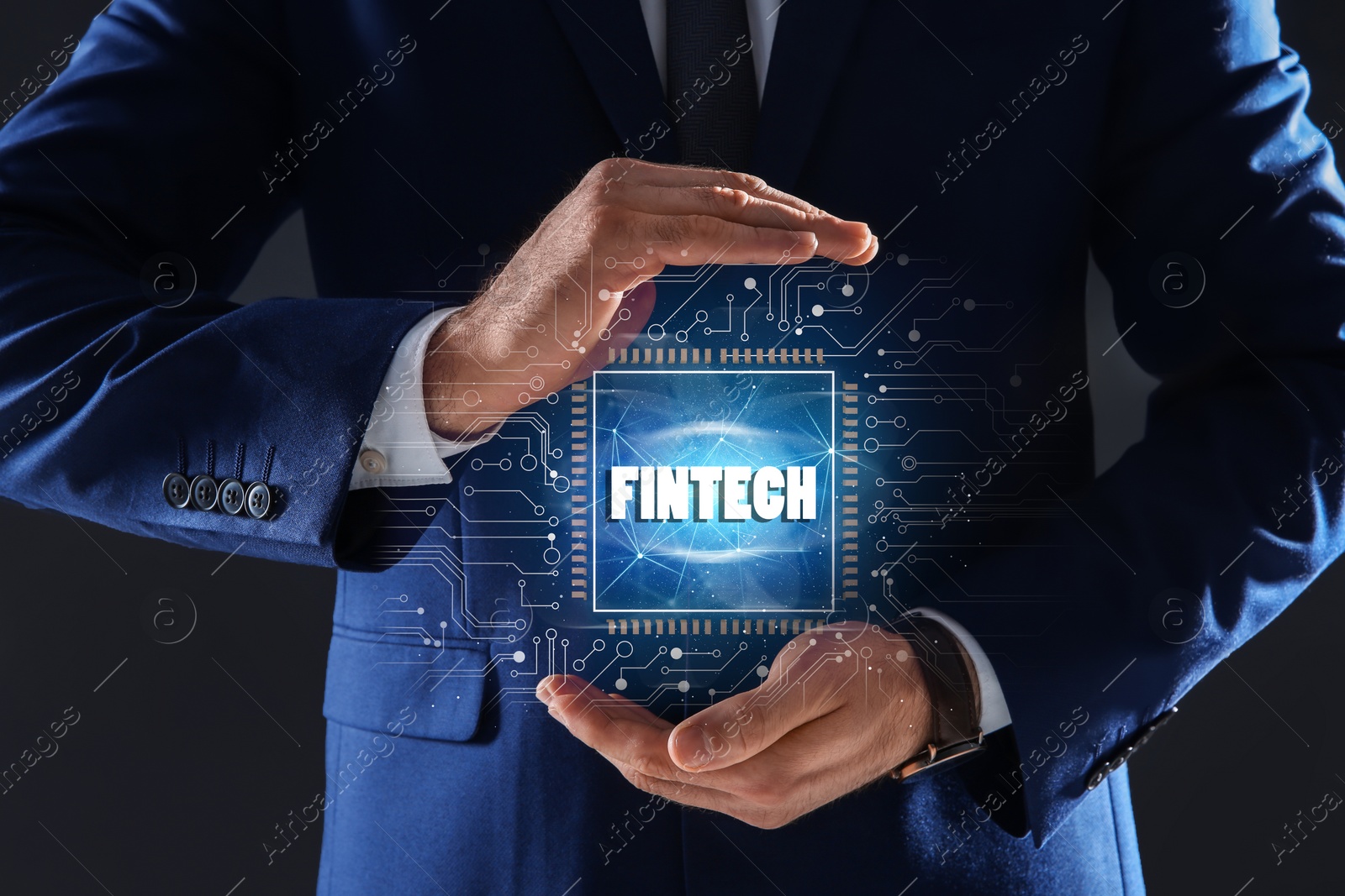 Image of Fintech concept. Man demonstrating chip and schemes, closeup