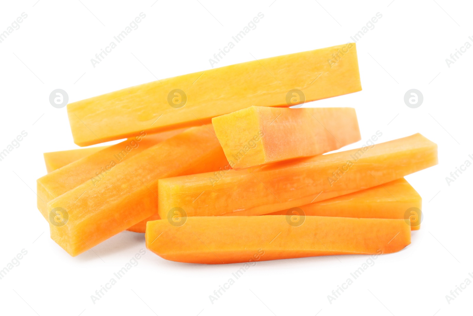 Photo of Pieces of fresh ripe carrot isolated on white