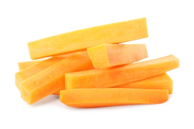 Photo of Pieces of fresh ripe carrot isolated on white