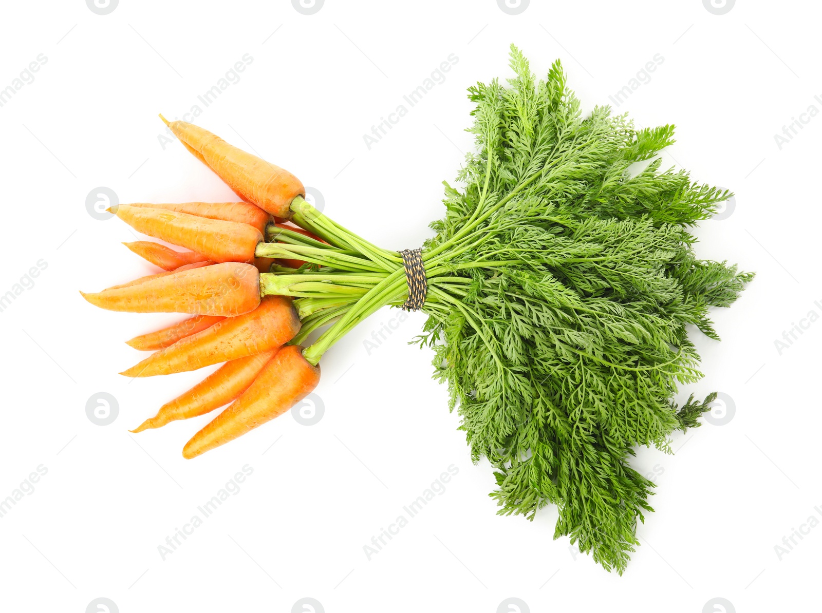 Photo of Bunch of fresh ripe carrots isolated on white, top view