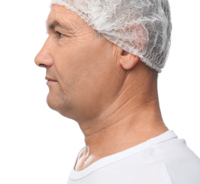 Mature man with double chin on white background