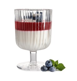Photo of Delicious panna cotta with blueberry coulis and fresh berries on white background