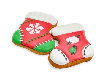 Photo of Delicious cookies in shape of Christmas stockings isolated on white