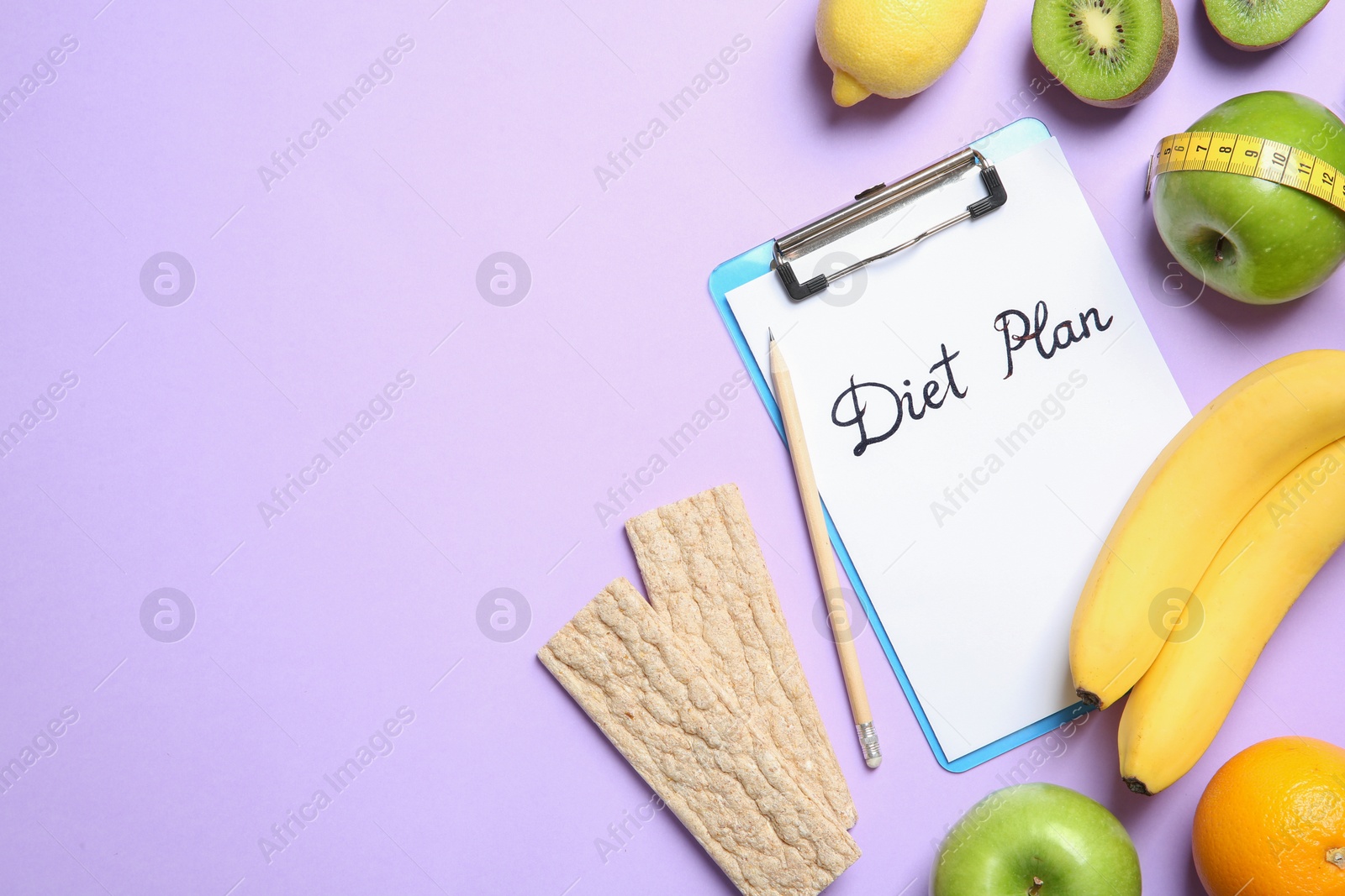 Photo of Flat lay composition with clipboard, healthy food, measuring tape and space for text on color background. Weight loss concept