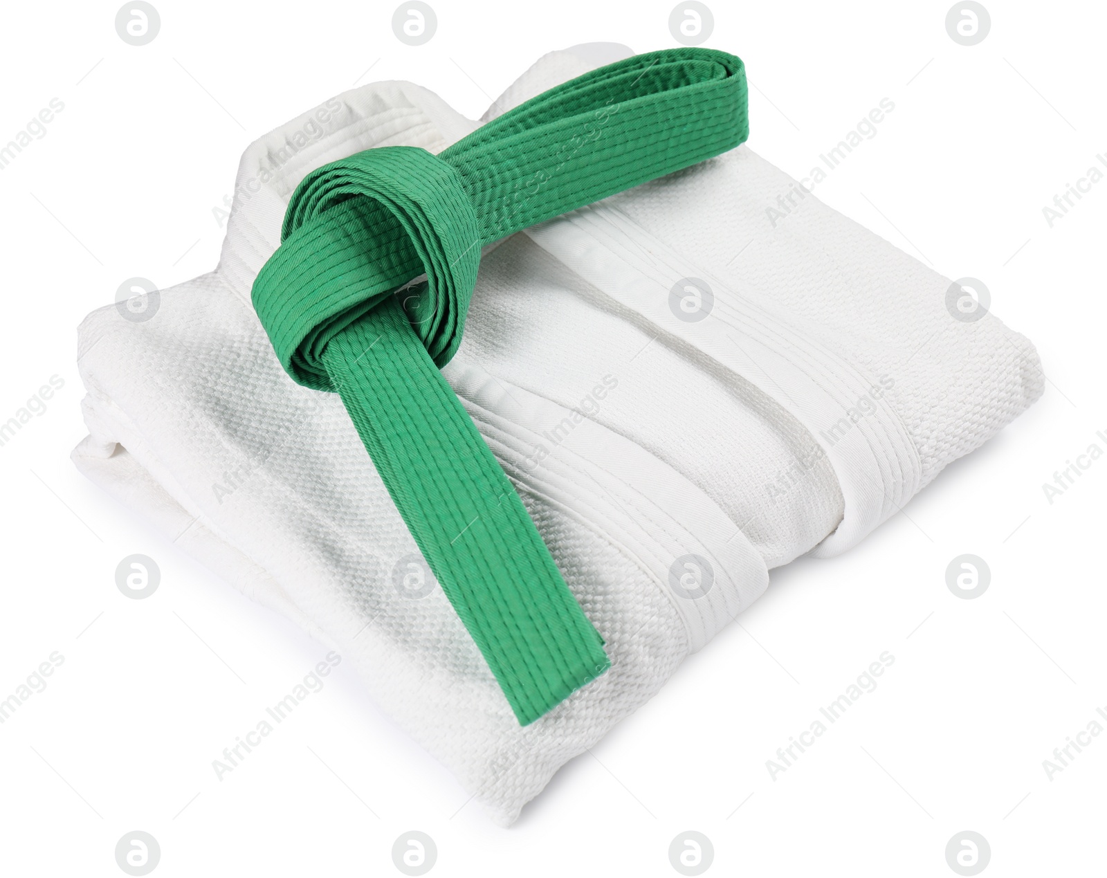 Photo of Green karate belt and kimono isolated on white