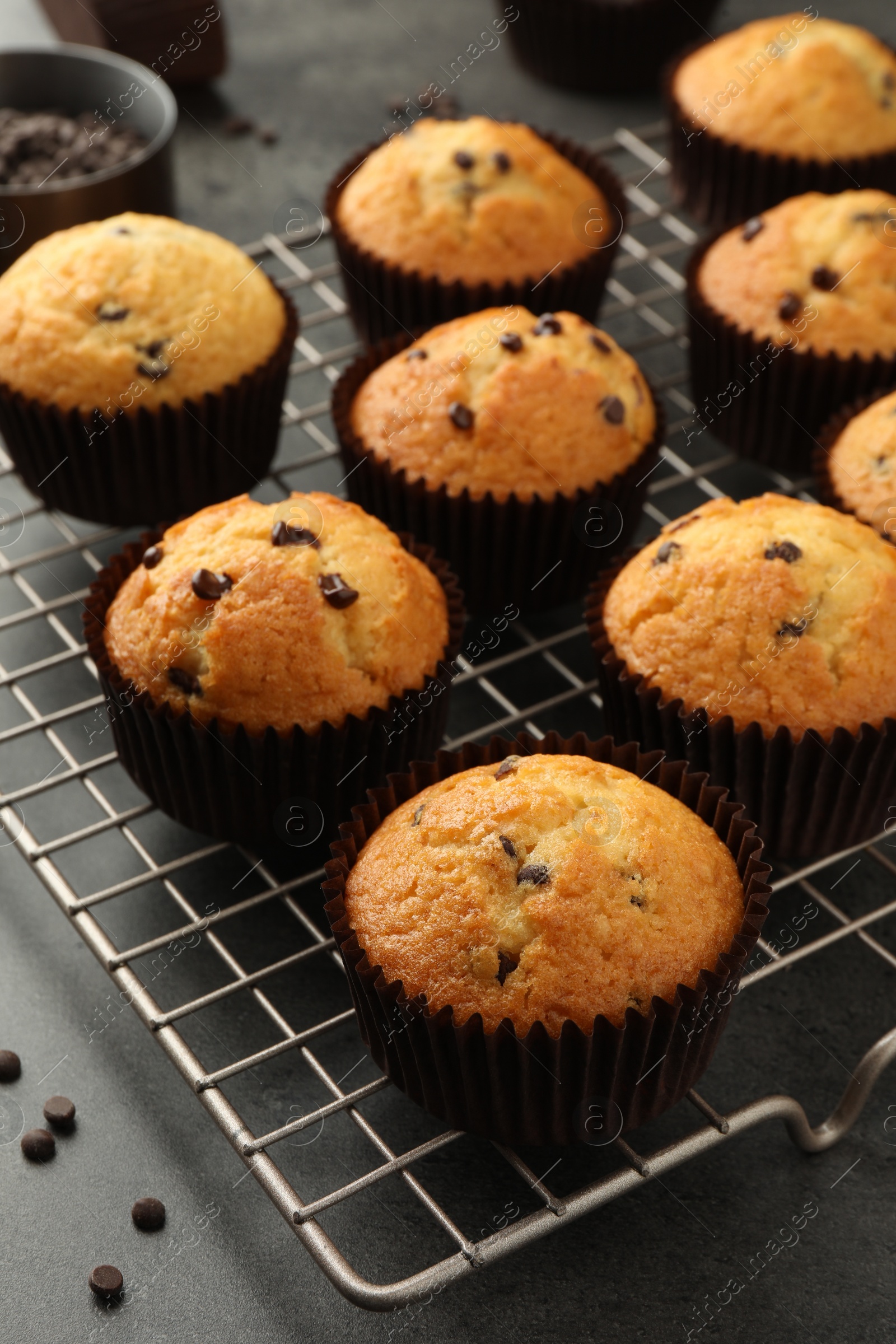 Photo of Delicious freshly baked muffins with chocolate chips on gray table, closeup