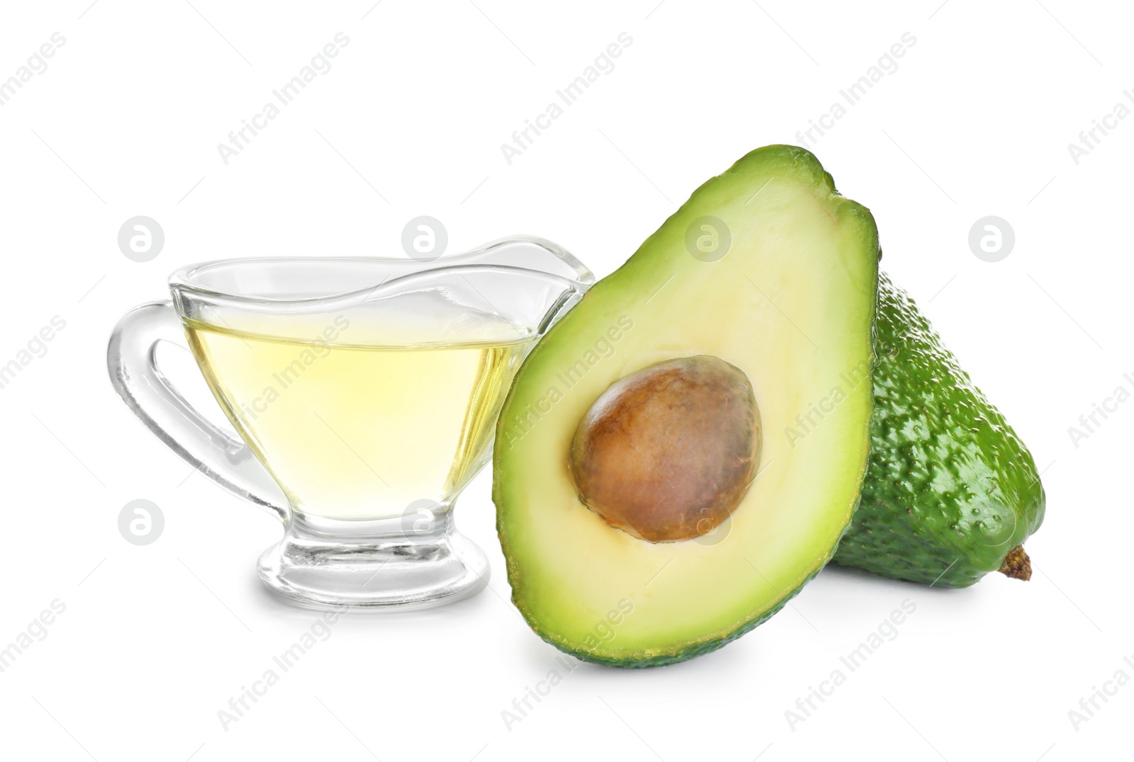 Photo of Composition with natural avocado oil isolated on white