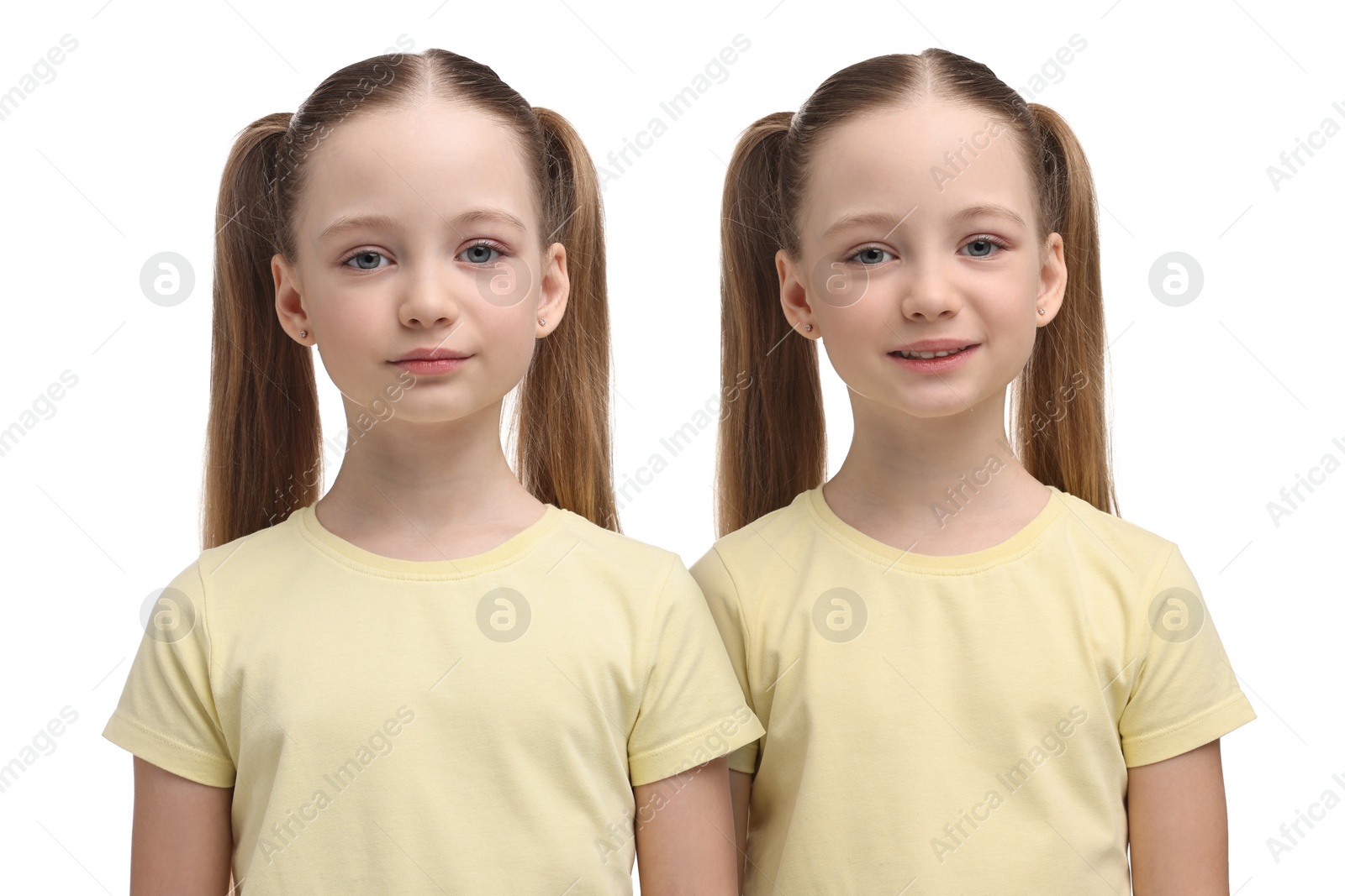 Image of Portrait of cute twin sisters on white background