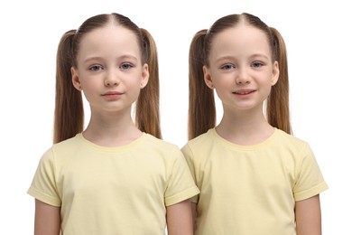 Portrait of cute twin sisters on white background