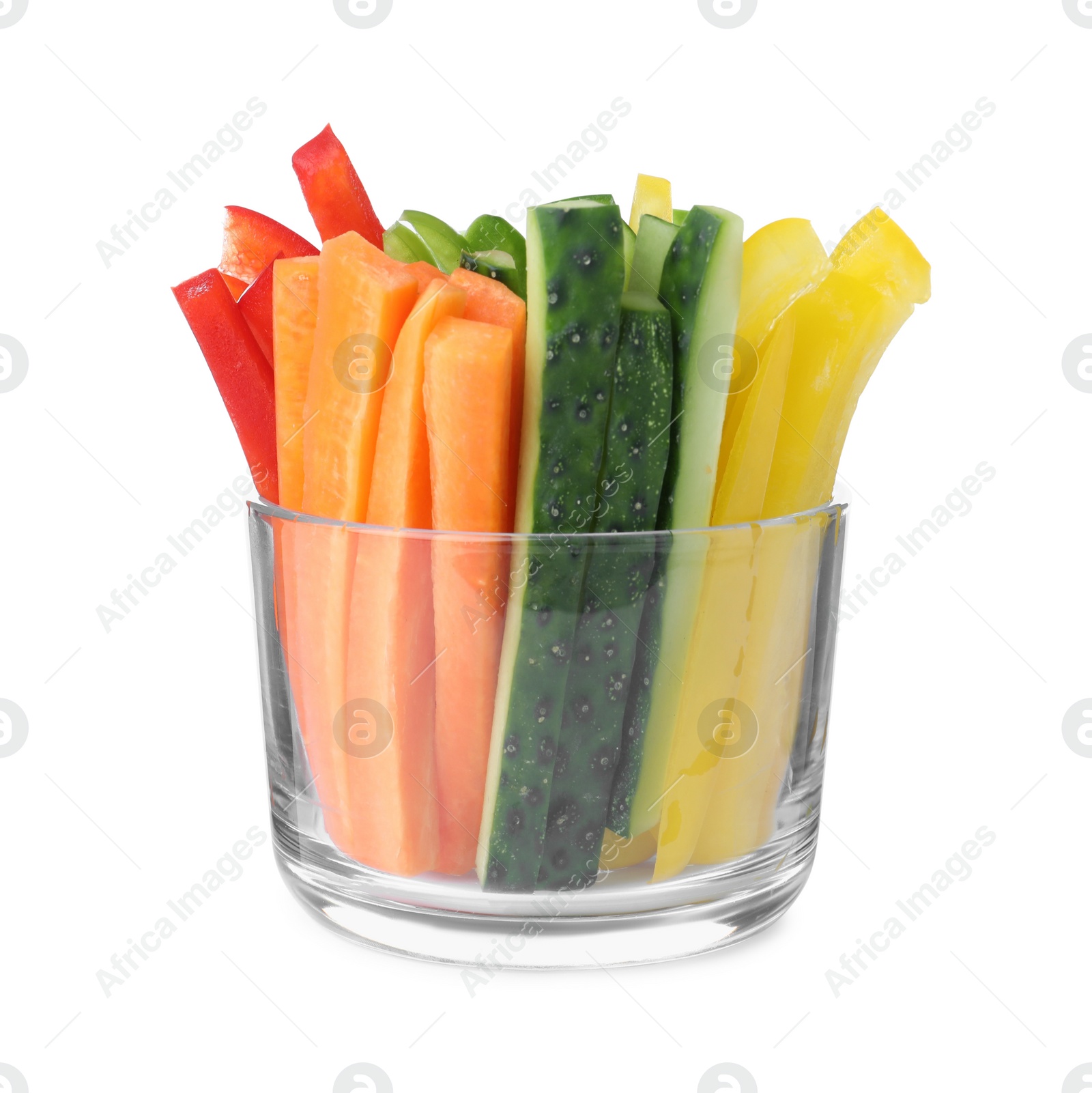 Photo of Different vegetables cut in sticks isolated on white