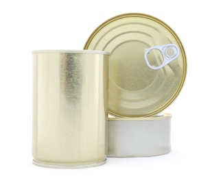 Photo of Closed metal tin cans on white background