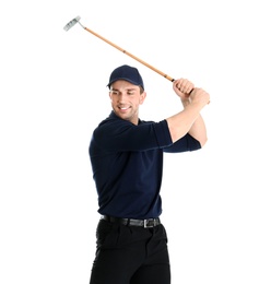 Portrait of young man with golf club isolated on white