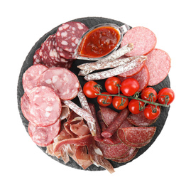 Slices of different sausages with tomatoes isolated on white, top view