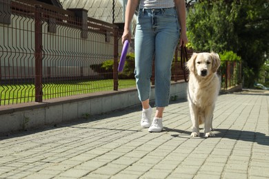 Woman walking Golden Retriever dog in sunny park, closeup