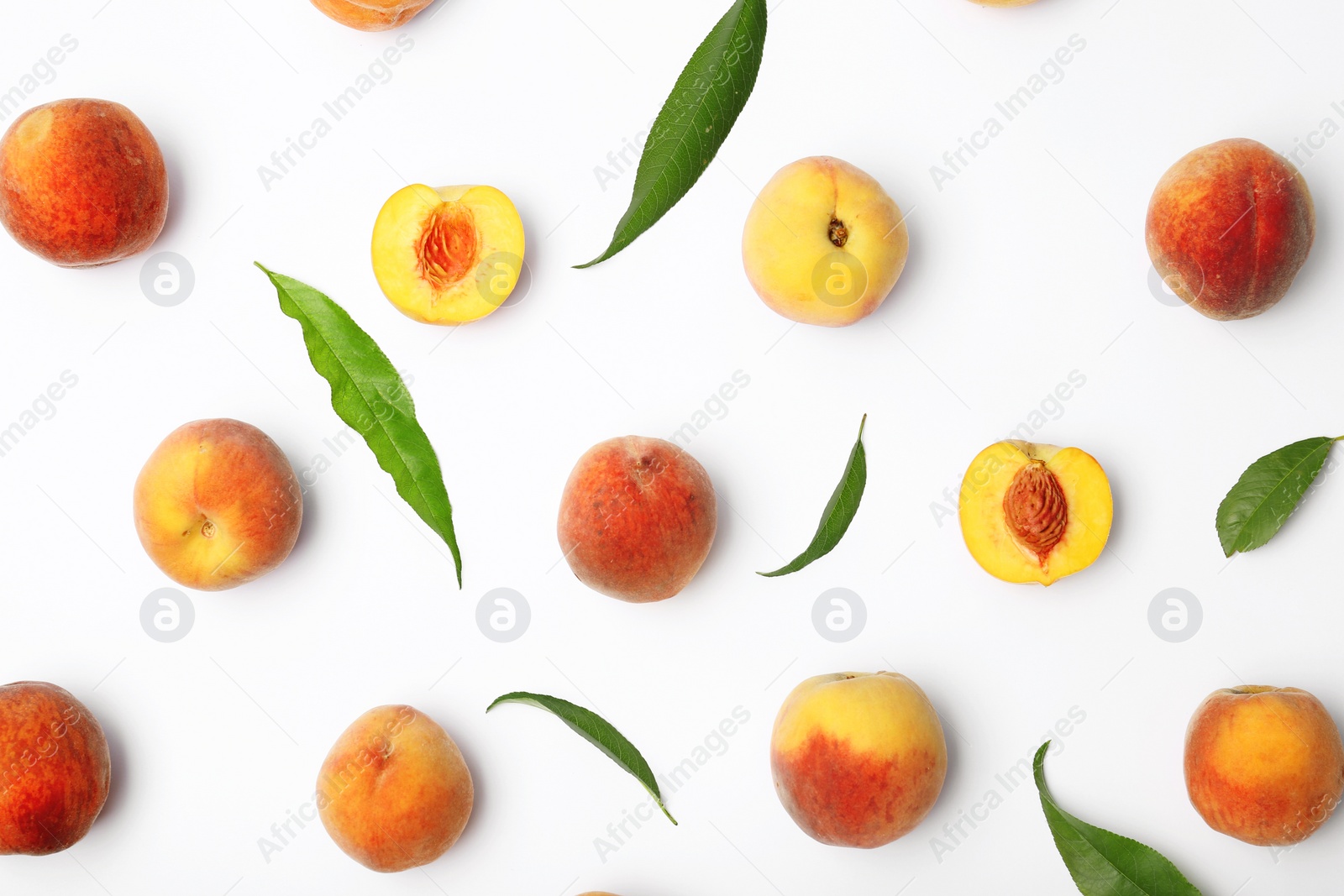 Photo of Composition with fresh sweet peaches on white background