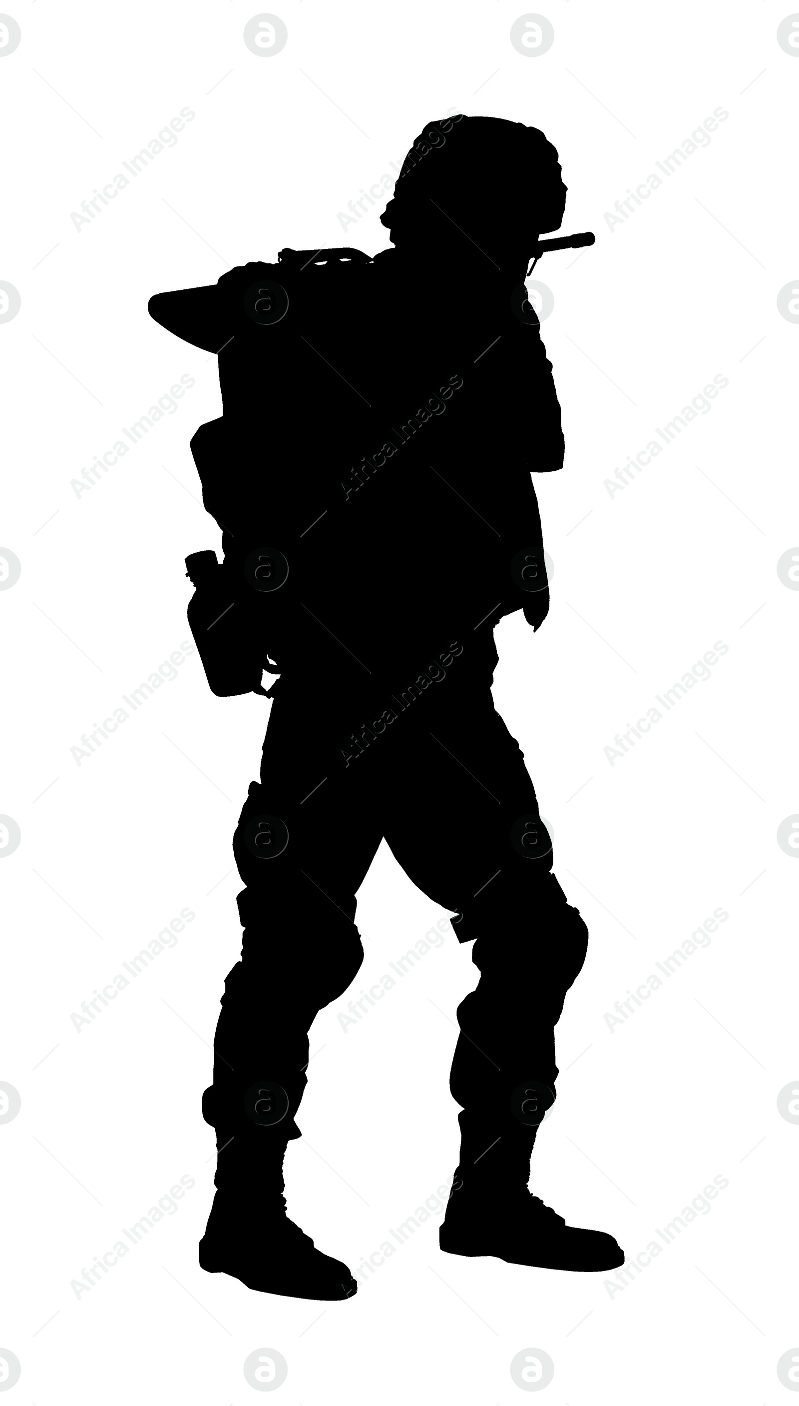 Image of Silhouette of soldier with assault rifle on white background. Military service