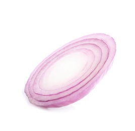 Photo of Fresh slice of red onion on white background