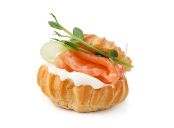 Photo of Delicious profiterole with cream cheese and salmon isolated on white