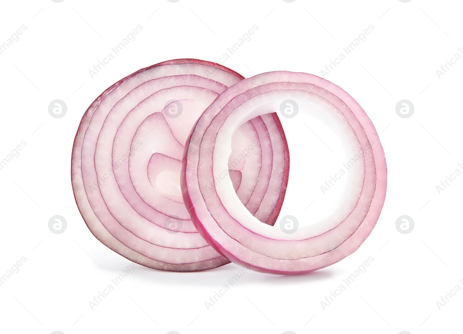 Photo of Fresh slices of red onion on white background