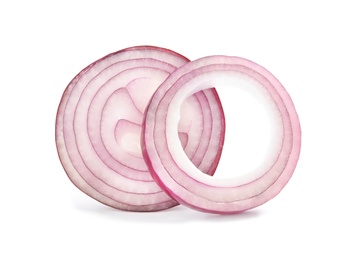 Photo of Fresh slices of red onion on white background