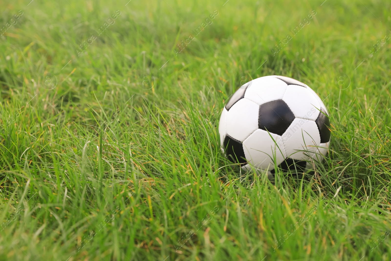 Photo of Dirty soccer ball on green grass outdoors, space for text