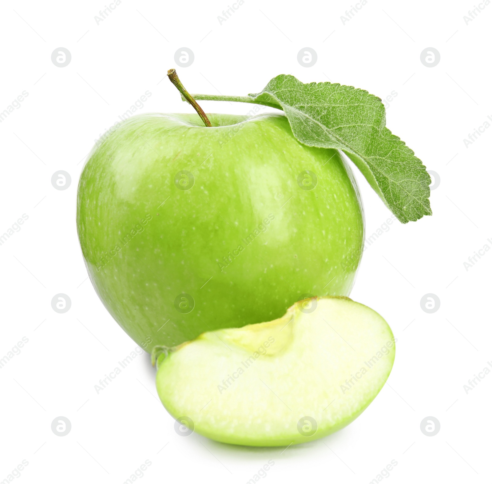 Photo of Fresh ripe green apples with leaf on white background