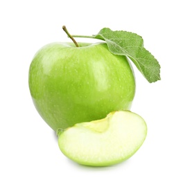 Fresh ripe green apples with leaf on white background