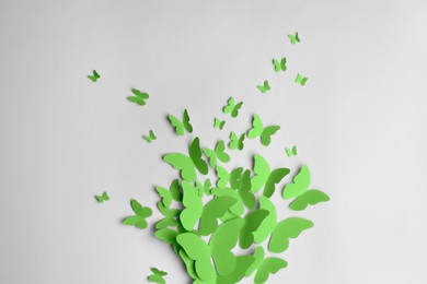Image of Bright green paper butterflies on white wall