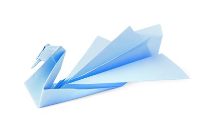 Light blue paper swan isolated on white. Origami art