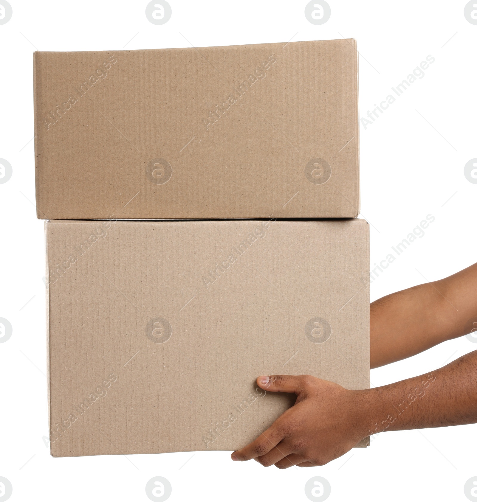 Photo of Courier with parcels on white background, closeup