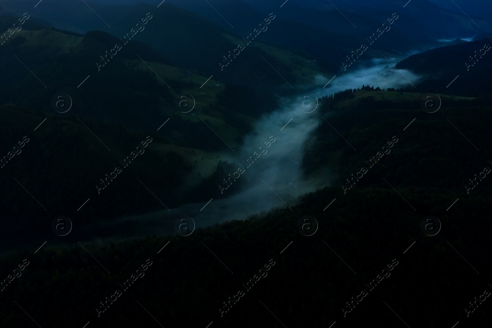 Image of Picturesque view of beautiful foggy mountains with forest in early morning. Drone photography