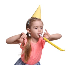 Birthday celebration. Cute little girl in party hat with blower on white background