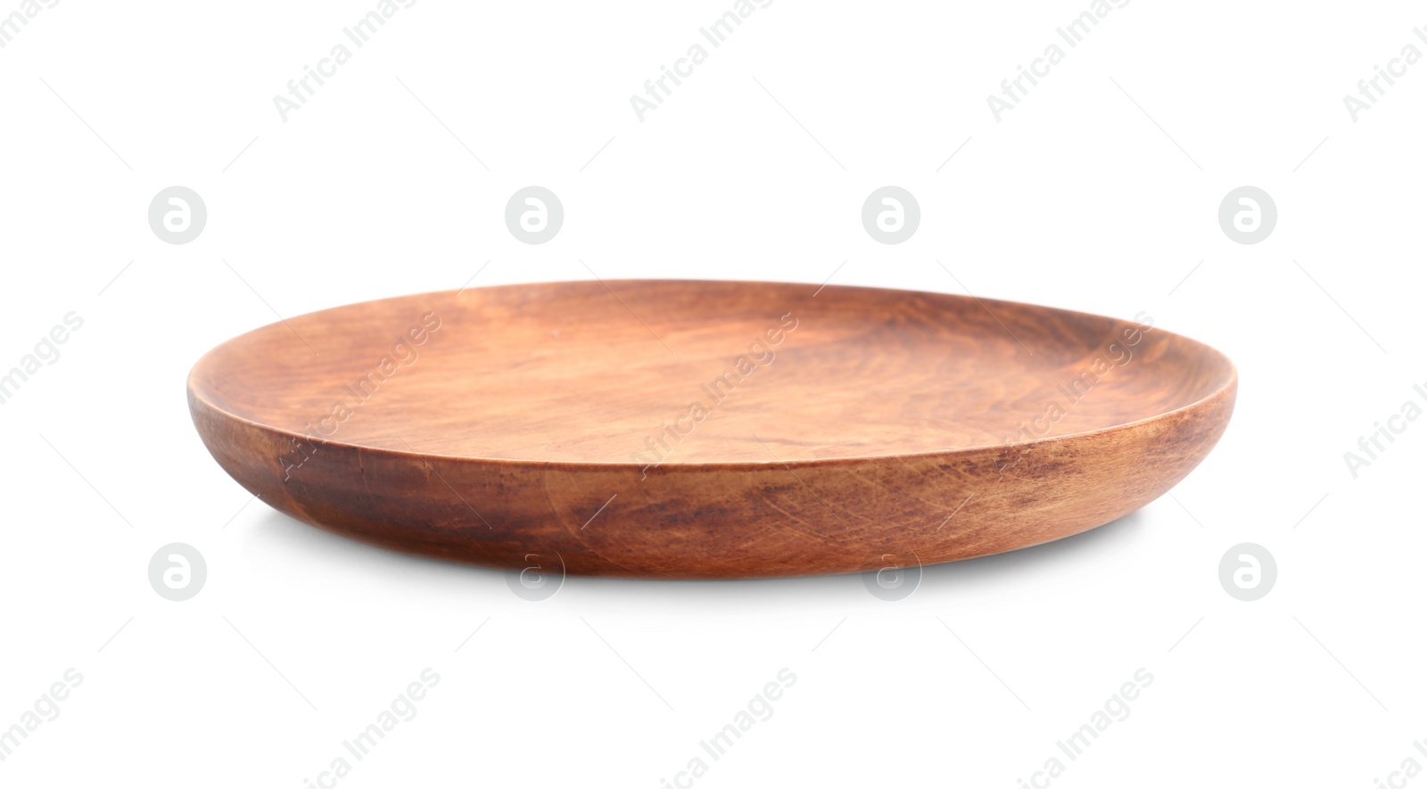 Photo of Wooden plate isolated on white. Cooking utensil