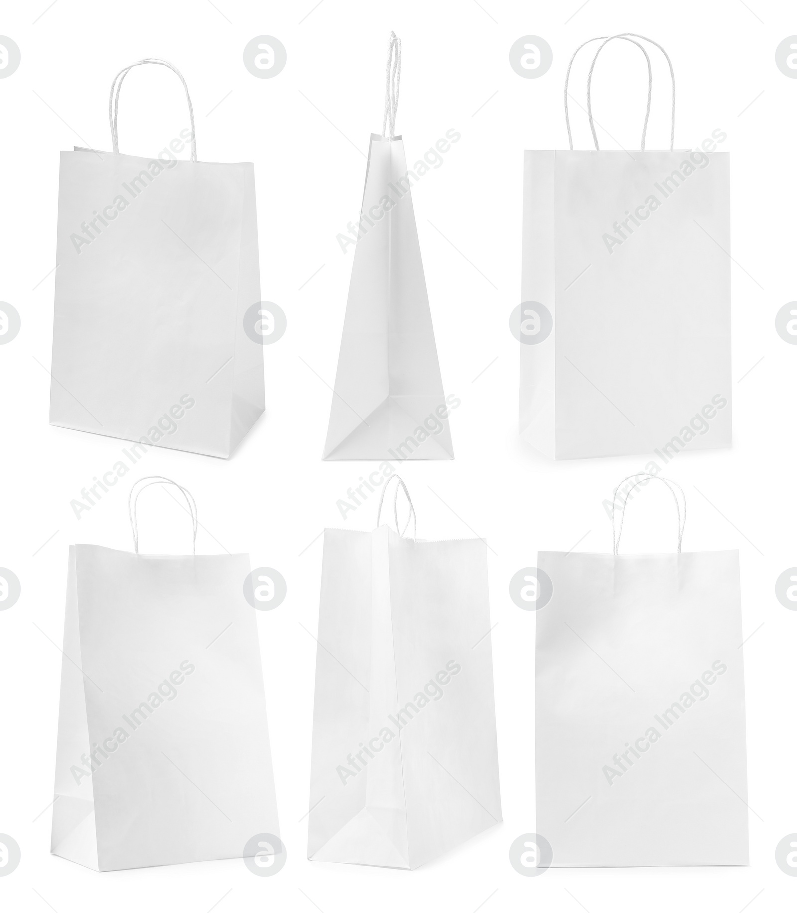 Image of Set with paper bags on white background