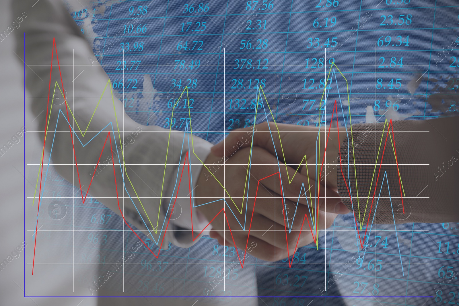 Image of Double exposure of people shaking hands and world map, closeup. Stock exchange trading