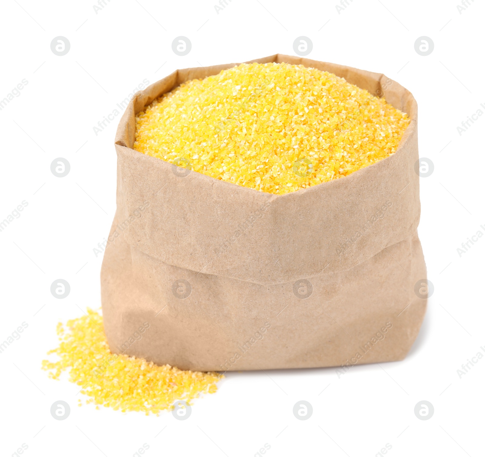 Photo of Raw cornmeal in paper bag isolated on white