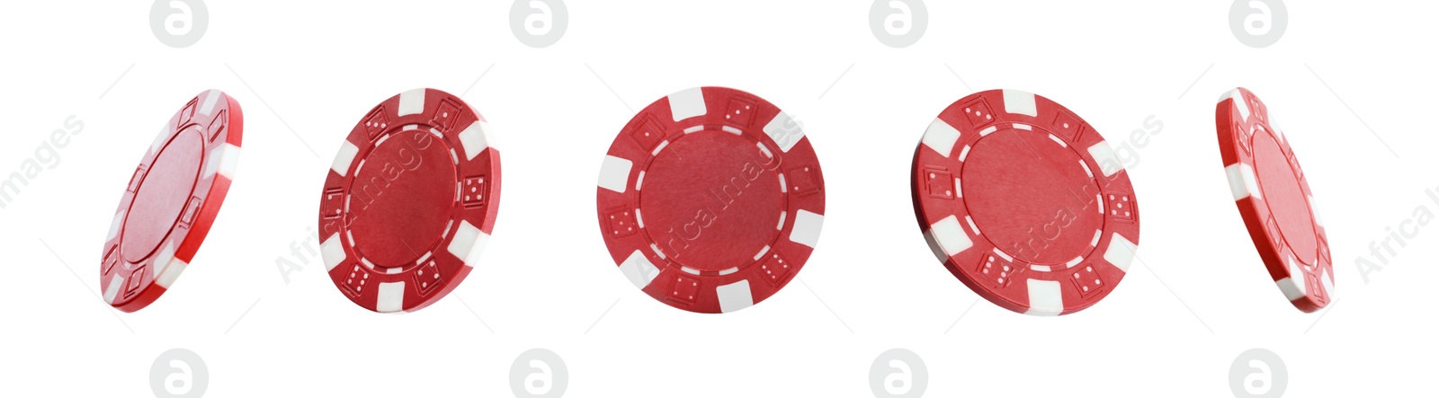 Image of Set with red casino chips on white background. Banner design