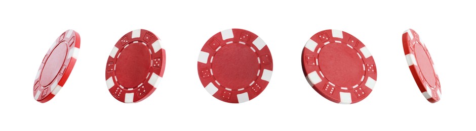 Image of Set with red casino chips on white background. Banner design